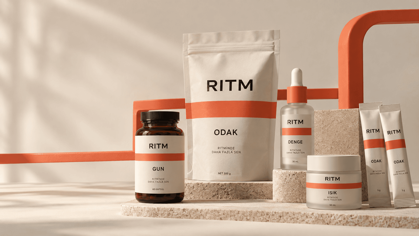 RITM adlı kurgusal wellness markasının farklı ürün formatlarından oluşan tutarlı ürün ailesi